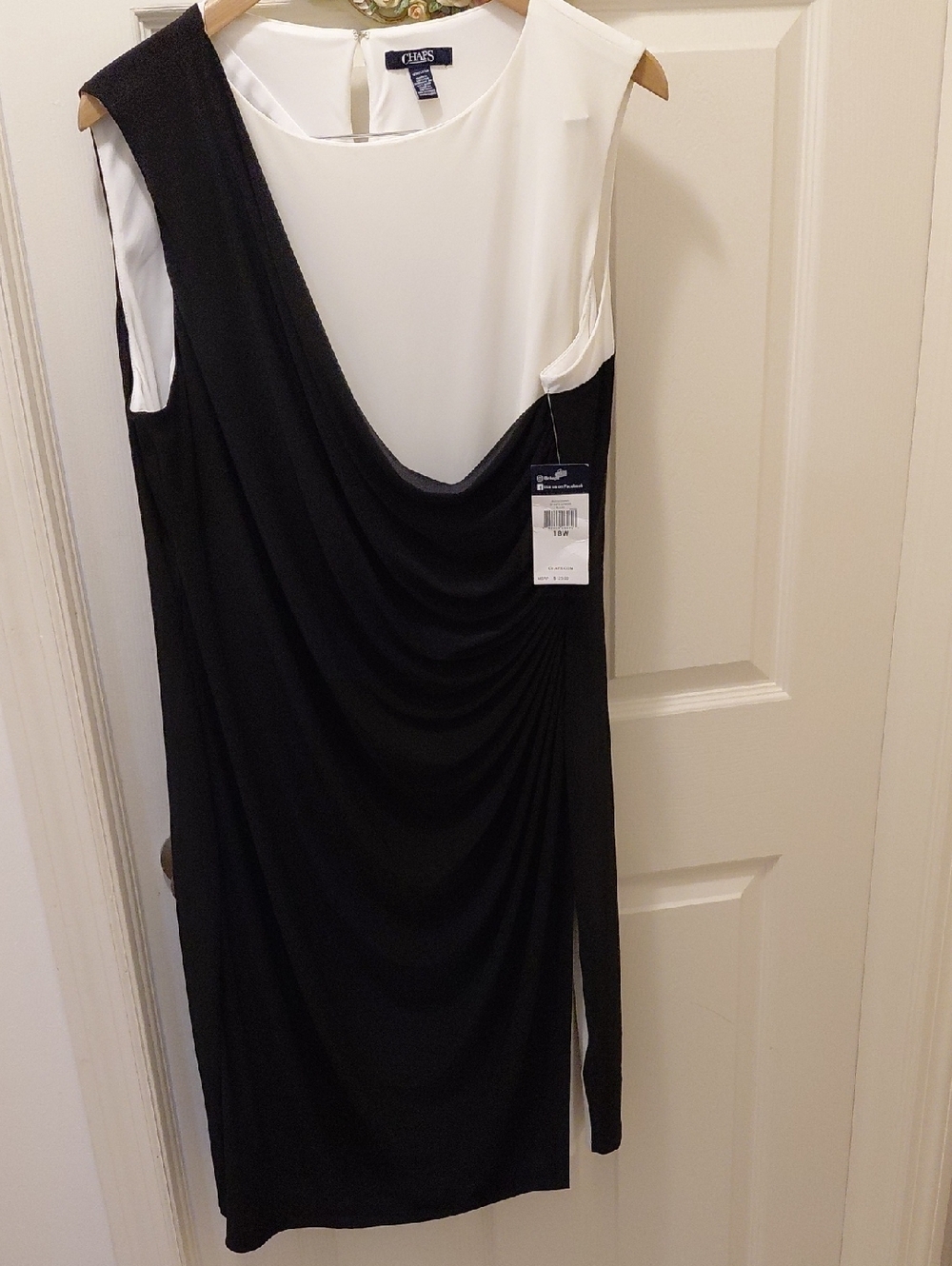 Chaps Black and White One-Shoulder Draped Dress